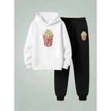 Lorvex Sweatshirt-Eşofman Takım Çocuk Kapüşonlu Takım Çizgili Pop Corn Baskılı 3 Iplik Şardonlu - 7 - 8 Yaş - 001-Beyaz