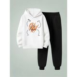 Lorvex Sweatshirt-Eşofman Takım Çocuk Kapüşonlu Takım Turuncu Karalama Baskılı 3 Iplik Şardonlu - 7 - 8 Yaş - 001-Beyaz