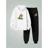 Lorvex Sweatshirt-Eşofman Takım Çocuk Unısex (Kapüşonlu) Ateşli Timsah Baskılı 3 Iplik Şardonlu - 01-Beyaz - 13 - 14 Yaş