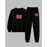 Lorvex Sweatshirt-Eşofman Takım Kız Çocuk Bisiklet Yaka Tatlı Pembe Kurdele Baskılı 3 Iplik Şardonlu - 5 - 6 Yaş - 5-Siyah