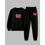 Lorvex Sweatshirt-Eşofman Takım Kız Çocuk Bisiklet Yaka Tatlı Pembe Kurdele Baskılı 3 Iplik Şardonlu - 9 - 10 Yaş - 5-Siyah