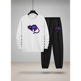 Lorvex Sweatshirt-Eşofman Takım Unısex Çocuk Bisiklet Yaka Mor Kedi Baskılı 3 Iplik Şardonlu - 13 - 14 Yaş - 001-Beyaz