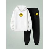 Lorvex Unısex Çocuk Kapüşonlu Takım Gülen Emoji Baskılı 3 Iplik Şardonlu Sweatshirt-Eşofman Takım - 11 - 12 Yaş - 001-Beyaz
