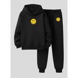Lorvex Unısex Çocuk Kapüşonlu Takım Gülen Emoji Baskılı 3 Iplik Şardonlu Sweatshirt-Eşofman Takım - 5 - 6 Yaş - 5-Siyah
