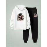 Lorvex Unısex Çocuk Sweatshirt-Eşofman Takım (Kapüşonlu) Kitap Okuyan Kedi Baskılı 3 Iplik Şardonlu - 11 - 12 Yaş - 001-Beyaz