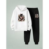 Lorvex Unısex Çocuk Sweatshirt-Eşofman Takım (Kapüşonlu) Kitap Okuyan Kedi Baskılı 3 Iplik Şardonlu - 7 - 8 Yaş - 001-Beyaz