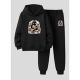 Lorvex Unısex Çocuk Sweatshirt-Eşofman Takım (Kapüşonlu) Kitap Okuyan Kedi Baskılı 3 Iplik Şardonlu - 7 - 8 Yaş - 5-Siyah