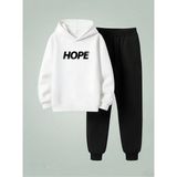 Lorvex Unısex Sweatshirt-Eşofman Çocuk Takım (Kapüşonlu) Hope Baskılı 3 Iplik Şardonlu - 13 - 14 Yaş - 001-Beyaz