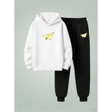 Lorvex Unısex Sweatshirt-Eşofman Takım Çocuk (Kapüşonlu) Sarı Uçak Baskılı 3 Iplik Şardonlu - 7 - 8 Yaş - 001-Beyaz