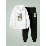 Lorvex Unısex Sweatshirt-Eşofman Takım Çocuk Kapüşonlu Takım Üst Üste Kediler Baskılı 3 Iplik Şardonlu - 7 - 8 Yaş - 001-Beyaz