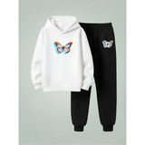 Lorvex Unısex Sweatshirt-Eşofman Takım Çocuk (Kapüşonlu) Üç Boyutlu Kelebek Baskılı 3 Iplik Şardonlu - 5 - 6 Yaş - 001-Beyaz