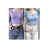 Lorya Giyim 2Li Paket %100 Pamuklu Fitilli Kaşkorse V Yaka Crop Basıc Bluz