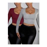 Lorya Giyim Kadın 2'li Paket %100 Pamuklu Vücuda Yapışan Fitilli Kare Yaka Kaşkorse Uzun Kollu Crop Bluz