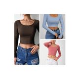 Lorya Giyim Kadın 3'lü Paket %100 Pamuklu Fitilli Kaşkorse Kare Yaka Uzun Kollu Crop Bluz