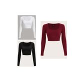 Lorya Giyim Kadın 3'lü Paket %100 Pamuklu Örme Fitilli Kare Yaka Kaşkorse Uzun kollu Crop Bluz