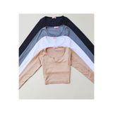 Lorya Giyim Kadın 4'lü paket %100 Pamuklu Örme Fitilli V Yaka Kaşkorse Uzun Kollu Crop Bluz