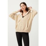 LOS OJOS Kadın Bej Beyaz Kapüşonlu Oversize Şardonlu Fermuarlı Örme Sweatshirt Zip-Up
