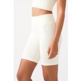 LOS OJOS Kadın Ekru Yüksek Bel Fitilli Toparlayıcı Kısa Spor Tayt Ribbed Biker