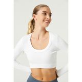 LOS OJOS x Melodi Beyaz Pamuklu Fitilli Crop Spor Bluz Long Sleeve