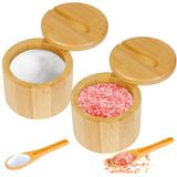 Loscarol 2 adet bambu tuz mahzeni baharat kutusu, manyetik döner kapaklı ve kaşıklı, bambu saklama kutusu, tuz kabı, biber, sofra tuzu, gurme tuzları, baharat, 6 oz