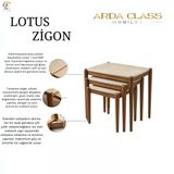 Lotus 3Lü Zigon Sehpa Seti Traverten Mdf Kaplama & Gürgen Ahşap Ayaklı