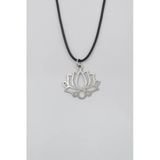 Lotus Çiçeği Siyah Deri İp Kolye - Antik Gümüş Kaplama - Kadın Erkek - 60 Cm