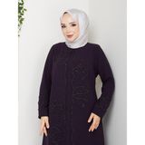 Lotus Çiçek Taşlı Büyük Beden Anne Elbisesi - Mürdüm - 48