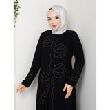 Lotus Çiçek Taşlı Büyük Beden Anne Elbisesi - Siyah - 52
