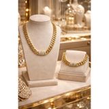 lotusbybuket 14 ayar altın kaplama çelik kuyumcu model zirkon taşlı gold kolye-bileklik seti