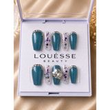 Louesse Beauty Louésse Beauty El Yapımı Takma Tırnak Turkuaz Simli Taşlı Hazır Takma Tırnak Parıltılı Protez Tırnak
