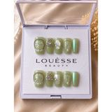 Louesse Beauty Louésse Beauty El Yapımı Takma Tırnak Yeşil Taşlı Inci Detaylı Hazır Takma Tırnak Protez Tırnak Görünümlü