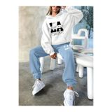 LOUİSA Kadın LA California Baskılı Beyaz Kapşonlu Sweatshirt-Bebe Mavi Eşofman Takım