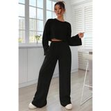 LOUİSA Kadın Siyah Fitilli Örme Kumaş Bisiklet Yaka Crop Sweatshirt-Bol Kesim Rahat Eşofman Takım