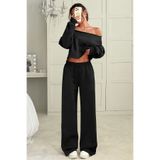 LOUİSA Kadın Siyah Kayık Yaka Crop Sweatshirt-Bol Kesim Rahat Eşofman Takım