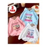 LOUİSA Kız Çocuk 3'lü Paket Kapşonlu Ramen ve Boba Baskılı Sweatshirt (Pembe-BebeMavi-Beyaz)