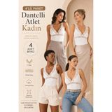 Loule Kadın 4 Adet Dantel Detaylı V Yaka Pamuklu & Modal Esnek Büstiyer Atlet - 4'lü Avantaj Paketi - Beyaz - XL