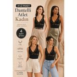 Loule Kadın 4 Adet Dantel Detaylı V Yaka Pamuklu & Modal Esnek Büstiyer Atlet - 4'lü Avantaj Paketi - Siyah - XL