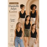 Loule Kadın 5 Adet Dantel Detaylı V Yaka Pamuklu & Modal Esnek Büstiyer Atlet - 5'li Avantaj Paketi - Siyah - XL