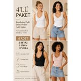 Loule Kadın Pamuklu & Modal Dantel Askılı Pedli 4 Adet Esnek Günlük Atlet - Toparlayıcı 4'lü Bra Singlet - Çok Renkli - 2XL