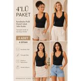 Loule Kadın Pamuklu & Modal Dantel Askılı Pedli 4 Adet Esnek Günlük Atlet - Toparlayıcı 4'lü Bra Singlet - Siyah - 2XL