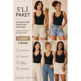 Loule Kadın Pamuklu & Modal Dantel Askılı Pedli 5 Adet Esnek Günlük Atlet - Toparlayıcı 5'li Bra Singlet - Siyah - XL
