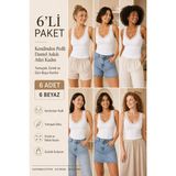 Loule Kadın Pamuklu & Modal Dantel Askılı Pedli 6 Adet Esnek Günlük Atlet - Toparlayıcı 6'lı Bra Singlet - Beyaz - XL