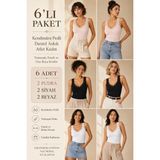 Loule Kadın Pamuklu & Modal Dantel Askılı Pedli 6 Adet Esnek Günlük Atlet - Toparlayıcı 6'lı Bra Singlet - Çok Renkli 01 - 2XL