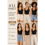 Loule Kadın Pamuklu & Modal Dantel Askılı Pedli 6 Adet Esnek Günlük Atlet - Toparlayıcı 6'lı Bra Singlet - Siyah - XL