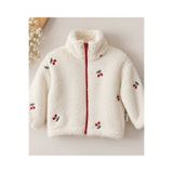 lova baby Kiraz İşlemeli Krem Peluş Fermuarlı Çocuk Hırka