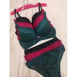 Love Angels Çizgili Dantel Detaylı Push-Up Dolgulu Iç Çamaşırı Takımı-Sütyen Külot Takımı - 75B - Siyah - Bordo - Yeşil