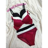 Love Angels Çizgili Dantel Detaylı Push-Up Dolgulu Iç Çamaşırı Takımı-Sütyen Külot Takımı - 80B - Siyah - Ekru - Bordo