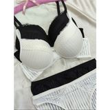 Love Angels Çizgili Dantel Detaylı Push-Up Dolgulu Iç Çamaşırı Takımı-Sütyen Külot Takımı - 80B - Siyah - Ekru