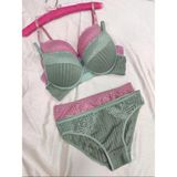 Love Angels Çizgili Dantel Detaylı Push-Up Dolgulu Iç Çamaşırı Takımı-Sütyen Külot Takımı - 85B - Gülkurusu - Su Yeşili