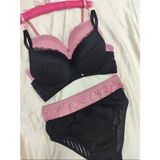 Love Angels Çizgili Dantel Detaylı Push-Up Dolgulu Iç Çamaşırı Takımı-Sütyen Külot Takımı - 85B - Siyah - Gülkurusu